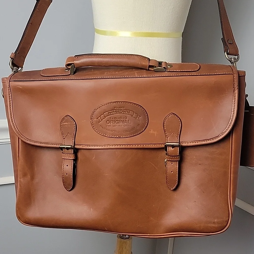 H.H. BROWN Tan‎ Leather Laptop Attaché Work Messenger Crossbody Shoulder Bag VTG